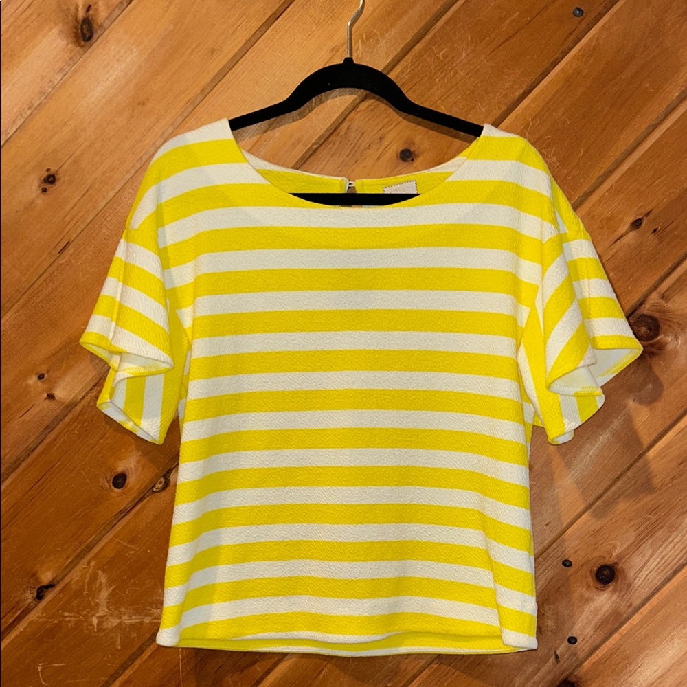Anthropologie Postmark Edie yellow and white striped swing tee w/flutter sleeves